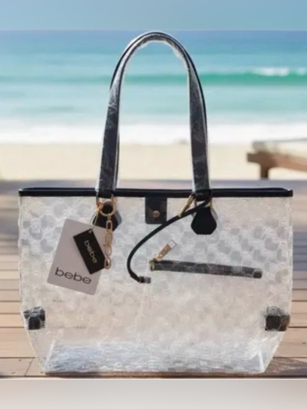 4pc Bebe “Caitlin” Embossed Clear Tote, X-body, Bag Charm & Makeup Bag - NWT